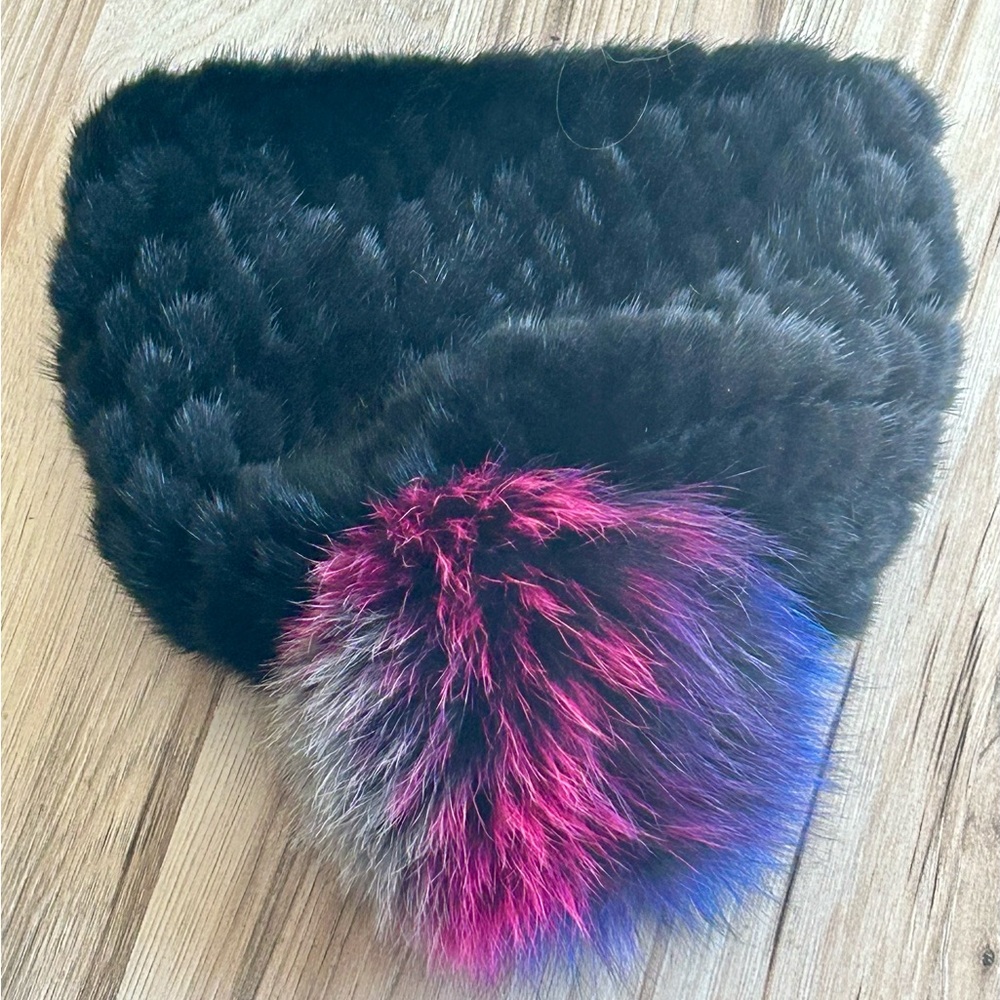 JOCELYN mink multicolor real fur pompom + black beanie hat — super soft!